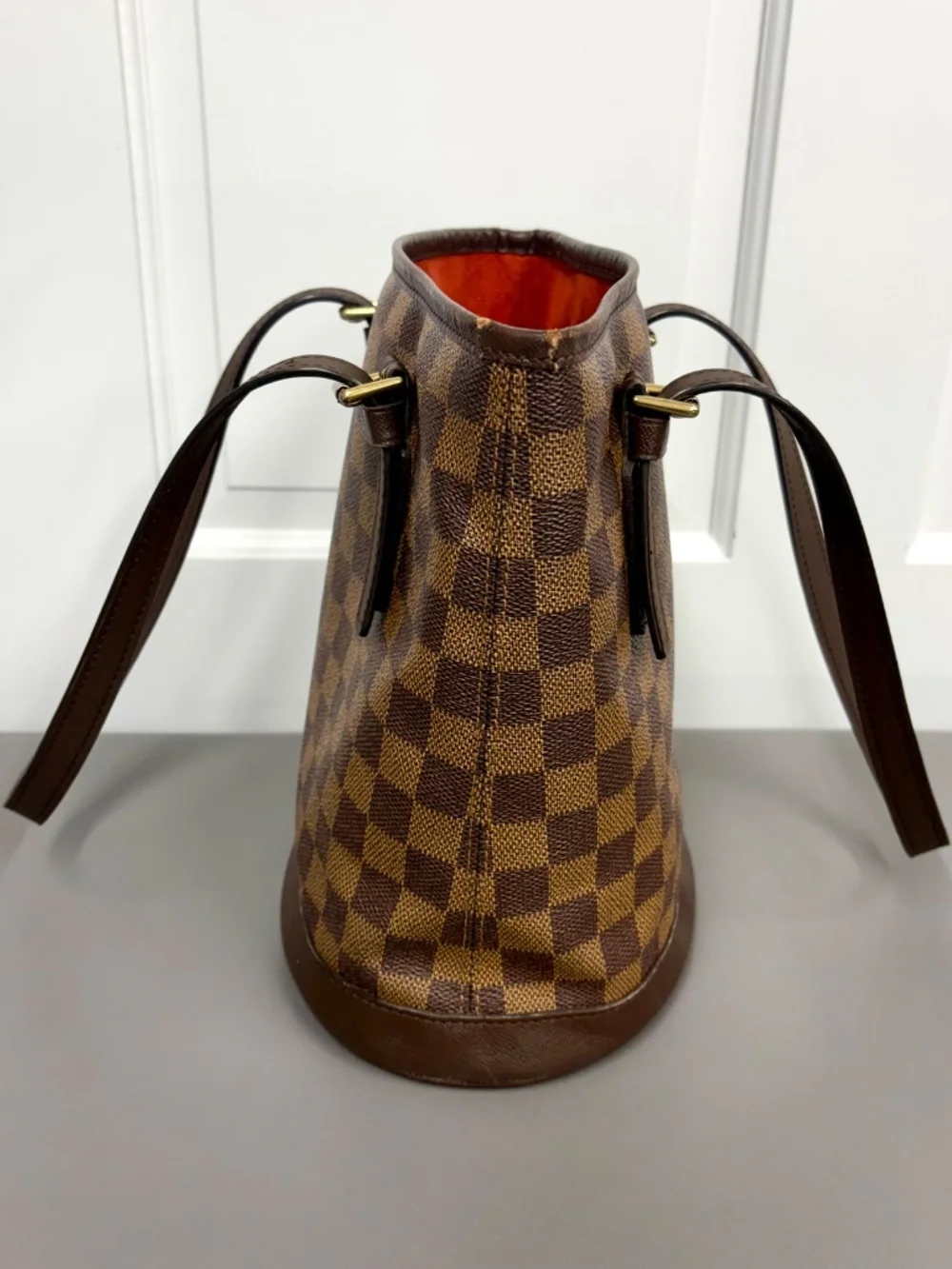 Louis Vuitton Bucket Bag PM Damier Ebene Red Suede Lining